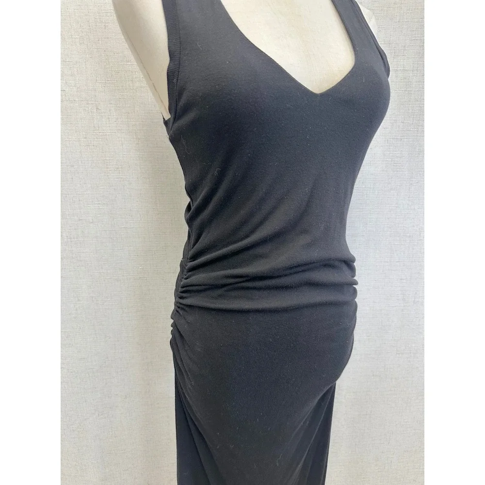 James Perse Tencel Solid Black Ruched Midi Dress Womens Size 3 Minimalist LBD